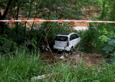 Motorista tenta desviar de capivara e carro cai em barranco de córrego.