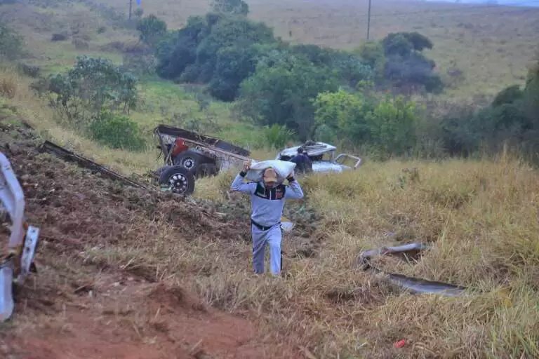 Caminhão com abacaxis parte ao meio após cair em ribanceira e motorista morre