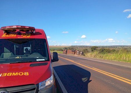 Caminhão boiadeiro carregado com gado tomba na BR -267